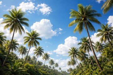 Obraz premium Peaceful tropical atmosphere displaying tall palm trees beneath a vivid blue sky with white clouds