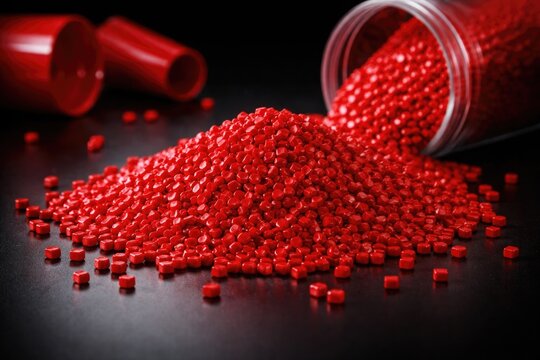 Vibrant red pepper masterbatch granules showcased for industrial plastic advertising against a black backdrop