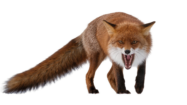Aggressive red fox snarling with mouth open, isolated on transparent background