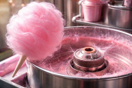 Sweet cotton candy machine close-up with fluffy pink sugary treat