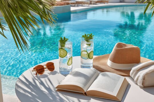 Refreshing poolside scene with cucumber water, open book, sun hat and sunglasses for summer relaxation