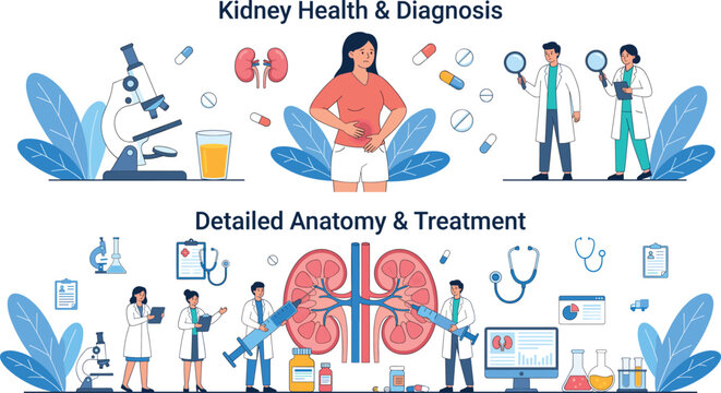 Medical illustration of kidney disease diagnosis, detailed anatomy, treatment, and healthcare.Medical illustration of kidney disease diagnosis, detailed anatomy, treatment, and healthcare.