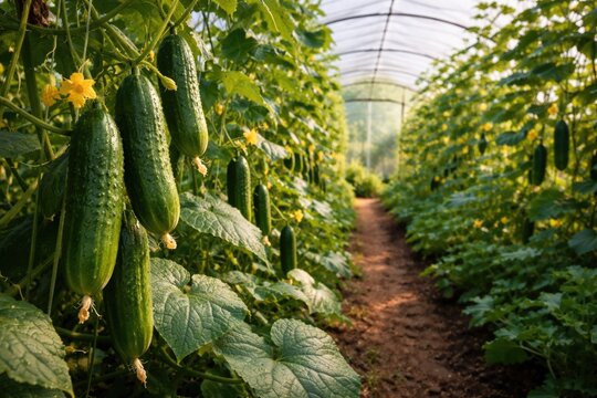 Organic cucumbers cultivated in a controlled home vegetable garden polytunnel