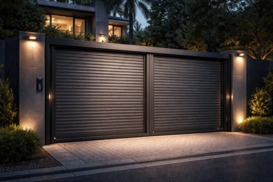 Secure metal gate with power operated sliding shutters for residential use