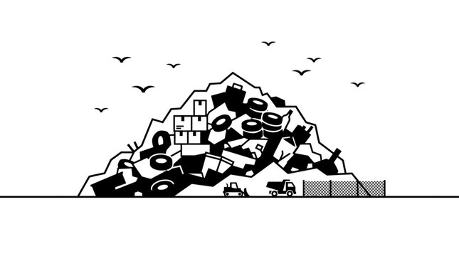 Black and white line art illustration of a large landfill site.