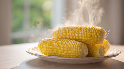 Obraz premium Detailed view of freshly steamed sweet corn cobs on a ceramic plate with visible steam rising, clean kitchen table, soft natural lighting with empty backdrop