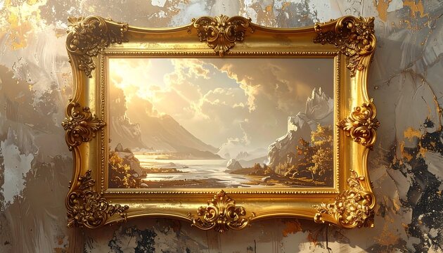 Ornate gold frame painting, river between mountain ranges at sunrise or sunset, textured wall backdrop