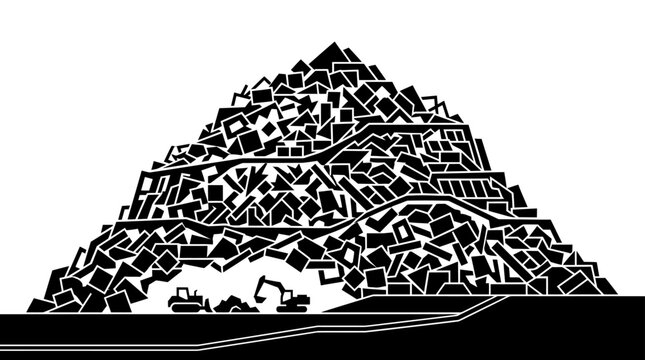 Black and white illustration of a large garbage landfill with construction machinery.