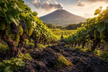 Naklejka premium Vibrant vineyard scene with dense grape foliage flourishing atop deep volcanic terrain