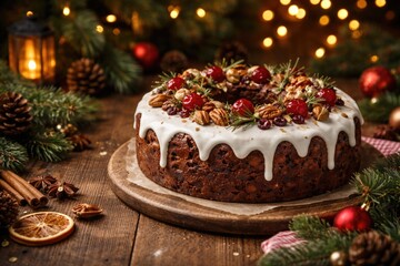 Naklejka premium Christmas holiday fruitcake adorned with nuts and icing placed on wooden table with festive decor and copy space