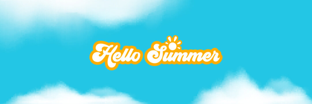 Vector Hello Summer banner with retro lettering on blue sky background with clouds. Groovy orange Hello Summer typography with sun icon. Seasonal summer greeting graphic for social media and marketing
