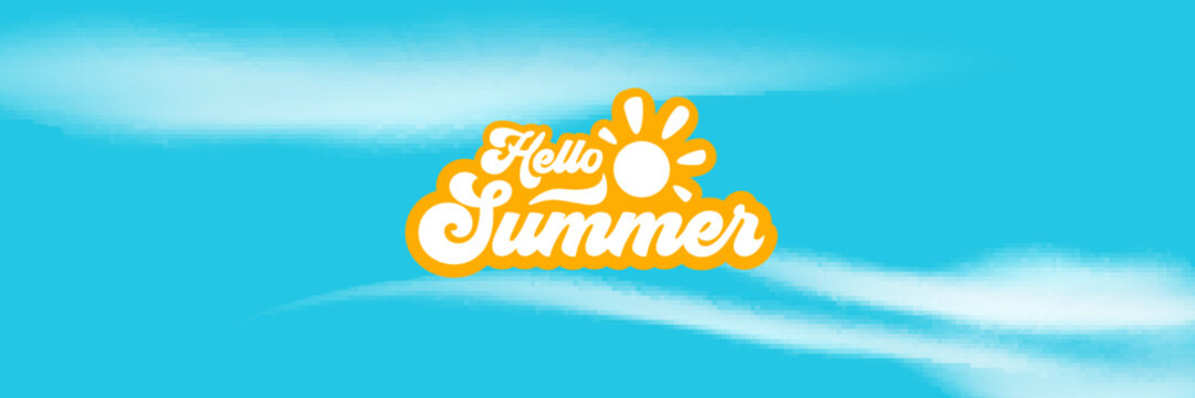 Vector Hello Summer banner with retro lettering on blue sky background with clouds. Groovy orange Hello Summer typography with sun icon. Seasonal summer greeting graphic for social media and marketing