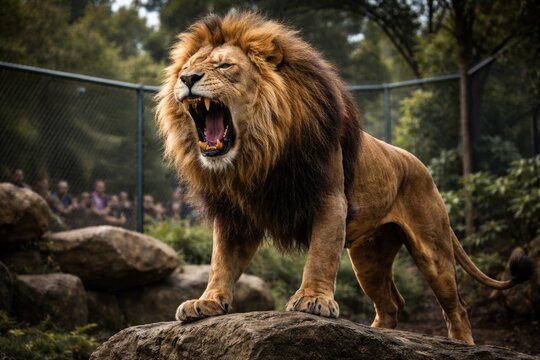 Strong lion roaring to assert territory within zoo boundaries