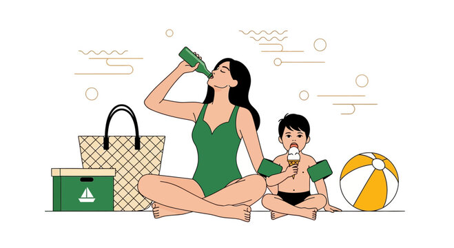 A young mother and her son enjoying summer vacation time together at the beach.