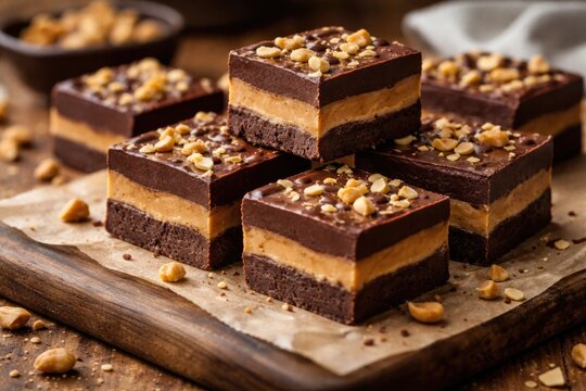 Slices of chocolate peanut butter fudge arranged on kitchen worktop