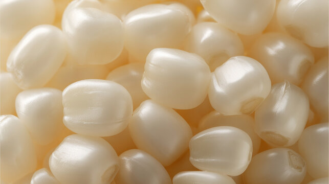 Close-up of white corn kernels texture filling frame, ultra detailed, soft diffused light creative backdrop with neutral tones
