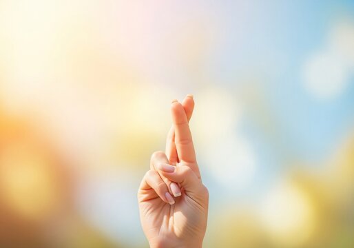A hand shows crossed fingers against a colorful blurred background with sunshine.