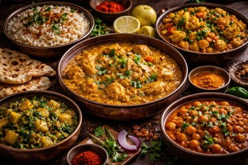 Obraz premium Traditional Indian cuisine featuring aromatic korma and varied sabzi preparations