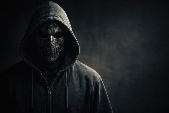 Cloaked individual in a hooded sweatshirt and scary executioner mask with copy space for text placement