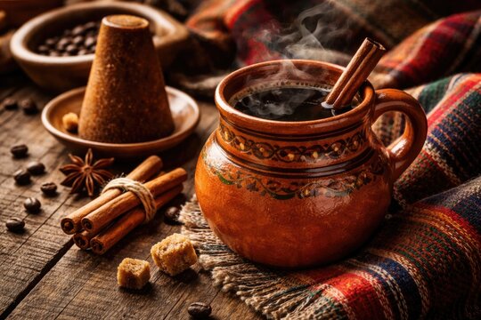 Rustic setting featuring a clay jarrito of Mexican coffee brewed with cinnamon and piloncillo on an aged wooden table