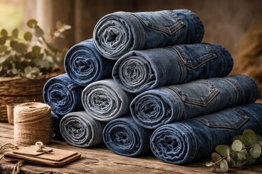 Upscaled zero waste style with neatly rolled denim jeans stack