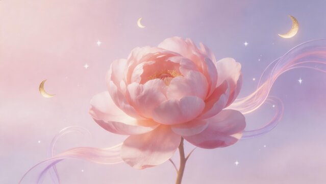 Pink flower with crescent moons and stars