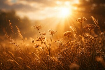Naklejka premium Bright golden rays highlighting dried wildflowers and meadow grass with a defocused sky background and light reflections