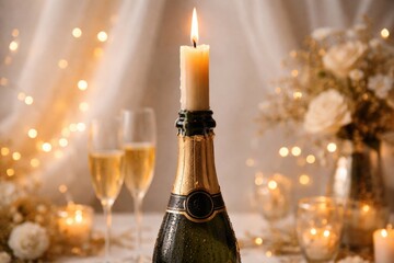 Naklejka premium Illuminated candle placed on champagne bottle against white canvas