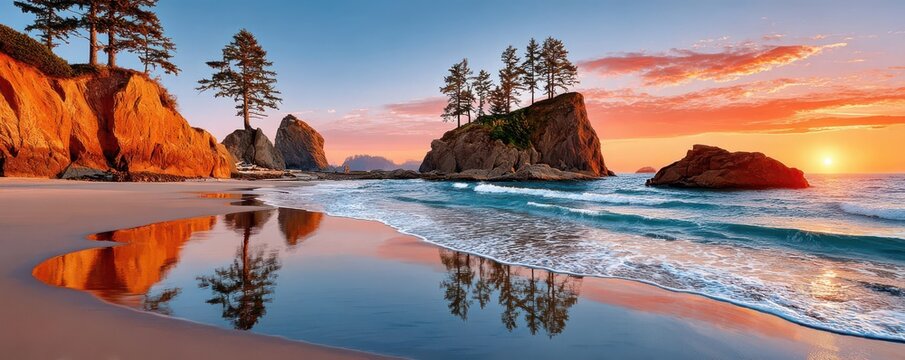 Sunset over rocky sea stacks with pine silhouettes and reflective tide pools on a sandy beach