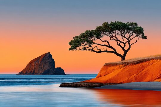 Lone tree on an Oregon coast bluff with sea stack at vibrant orange sunset