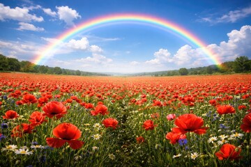 Naklejka premium Dazzling rainbow appearing over a vibrant poppy-filled field with soft white clouds and a clear blue summer backdrop