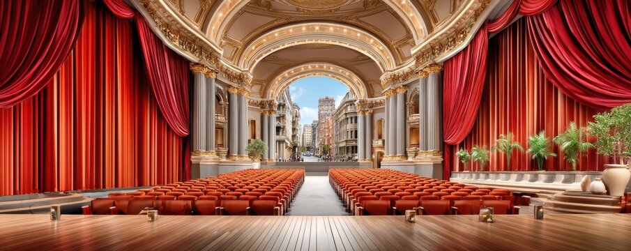 Empty ornate theater stage with red velvet curtains and rows of audience seats facing the city