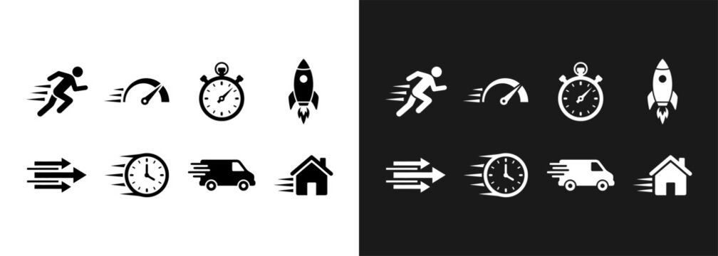 Speed and delivery icons set running rocket stopwatch truck and home symbols