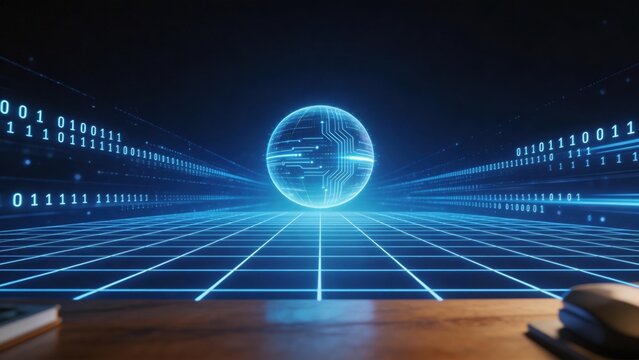 Digital globe with circuit patterns on grid