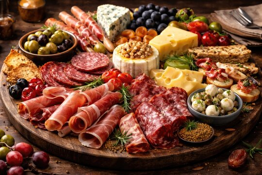 Selection of European cold cuts and cheese with classic hors doeuvres on platter