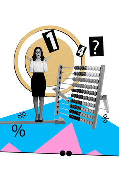 Creative design composite trend artwork collage of young woman student omg face confused stand pen retro count tool number maths count