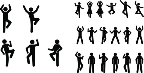 Fototapeta premium Human Stick Figure Action Icon Set with Jumping, Dancing, Walking, and Activity Poses in Flat Vector Style, People Silhouette Illustration Collection