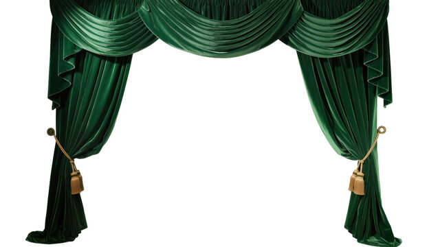 Emerald green velvet drapes with gold tassels and tie-backs, isolated on transparent background