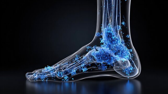Gout in the Foot: A 3D illustration of a human foot skeleton highlighting the painful inflammation of gout, with crystalline deposits showing in the joints.