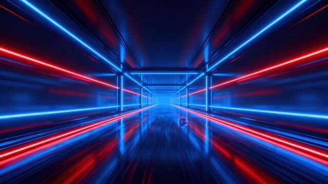 neon light tunnel with red and blue lines