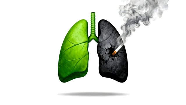 Creative concept of healthy green lungs versus smoker's lungs with cigarette smoke