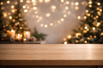 Naklejka premium Minimal style wooden table paired with ambient bokeh lights and a muted festive backdrop for showcasing products