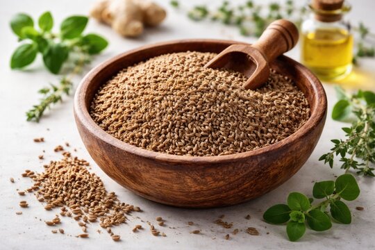Culinary and medicinal ajwain seeds arranged in a handcrafted wooden bowl set on a white backdrop