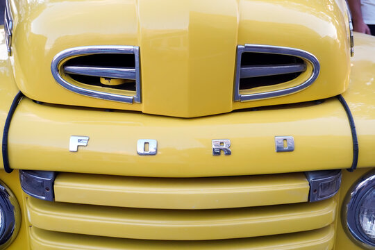 1948 Yellow Ford F-1 Pickup: First F-Series with Chrome Hood Letters and Oval Vents