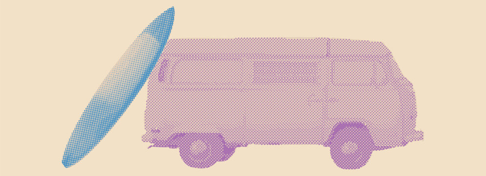 Vintage Aesthetic collage of a Retro Van and Surfboard. This Minimalist Graphic uses Halftone textures for a Summer surfing design.