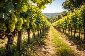 Naklejka premium Sunlit vineyard scene on a clear summer day with dense foliage and grapevines