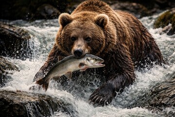 Obraz premium Wild bear catching fish in swift river stream