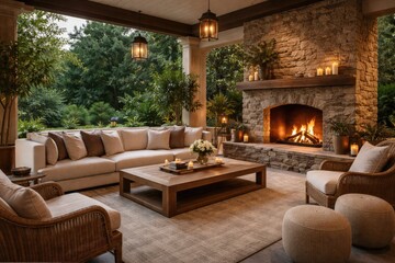 Obraz premium Sophisticated exterior living room with stone fireplace large sofa and rug copy space