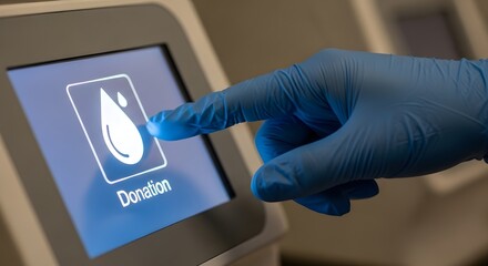 Obraz premium A hand in a glove pressing the blood donation button for the concept of health and helping.