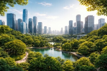 Fototapeta premium Modern cityscape illustrating balanced coexistence of urban life and nature with copy space